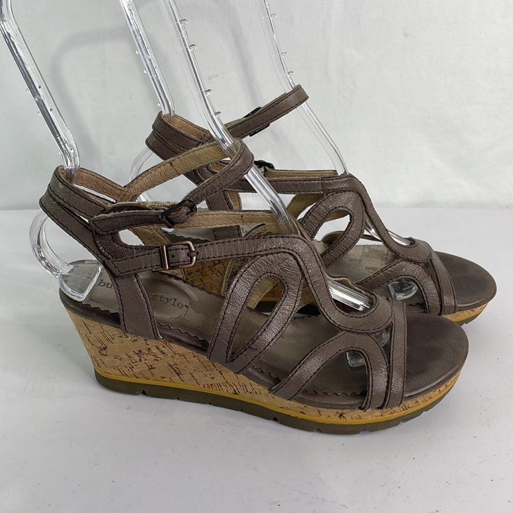 Bussola style mocha leather cork heel wedge double buckle sandals Saint Tropez - Picture 3 of 6
